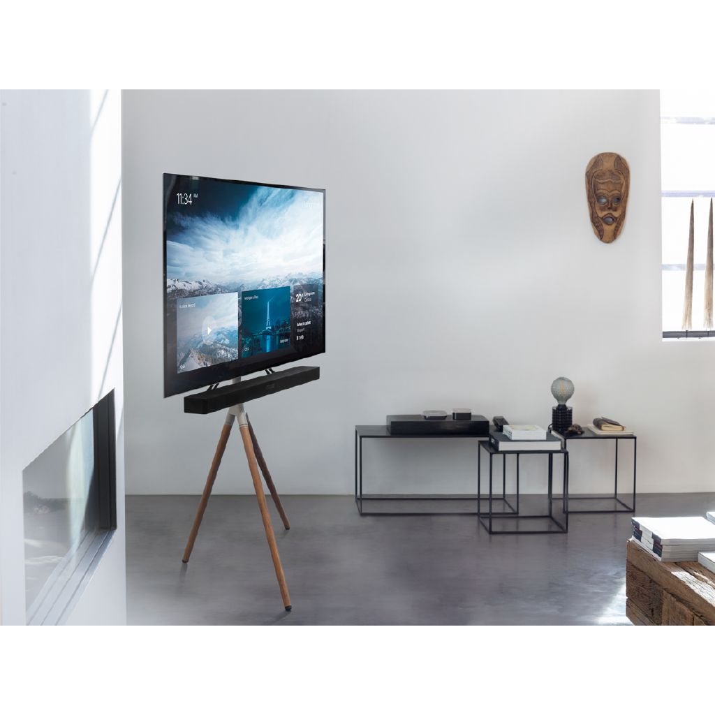 Sleek Universal Tripod TV Stand: Walnut Wood, Gun Metal, 32-65 Inch TVs