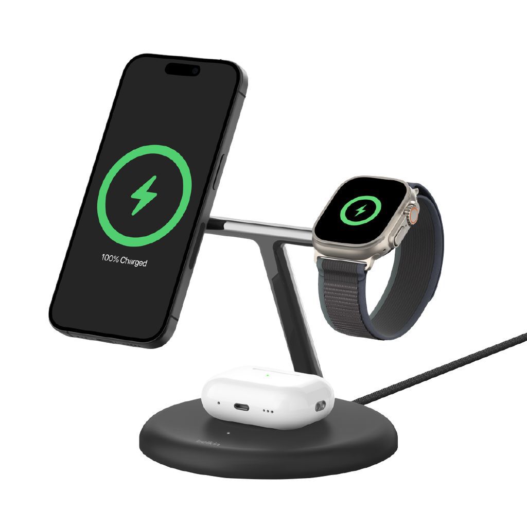 Belkin Qi2 3-in-1 Magnetic Fast Charger Stand for iPhone, Watch, & AirPods