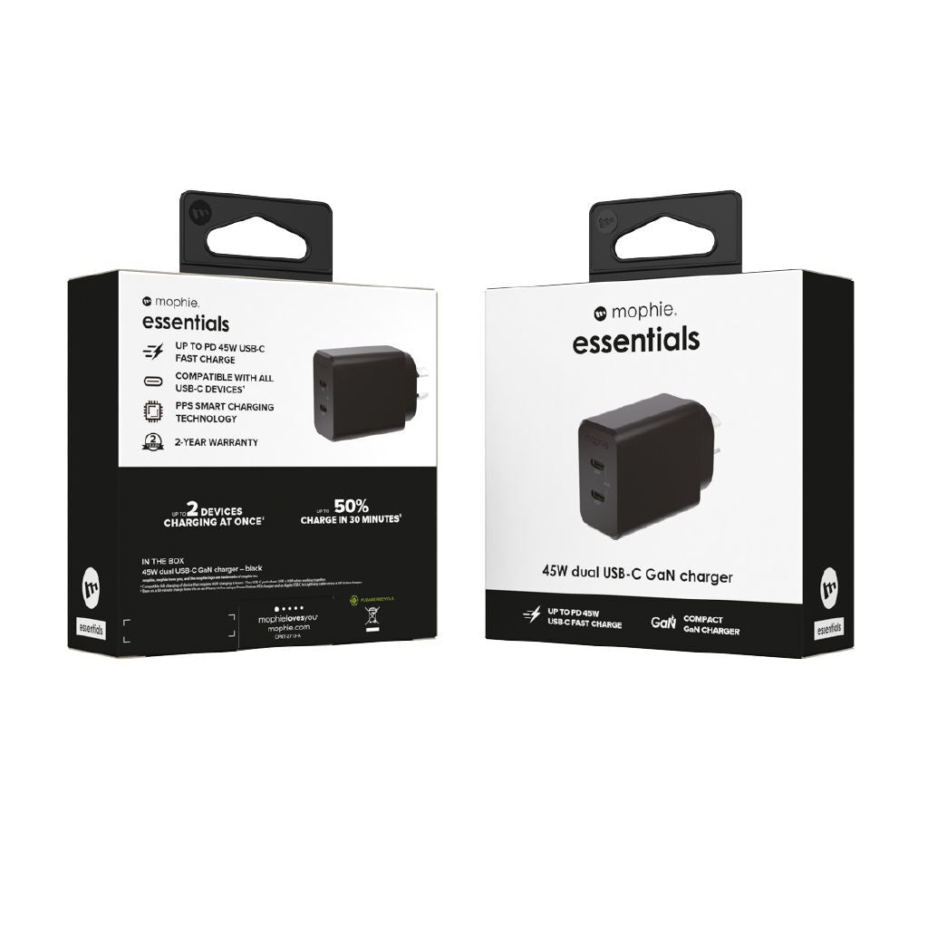 Mophie Essential 45W Dual USB-C GaN Fast Wall Charger with Folding Prongs